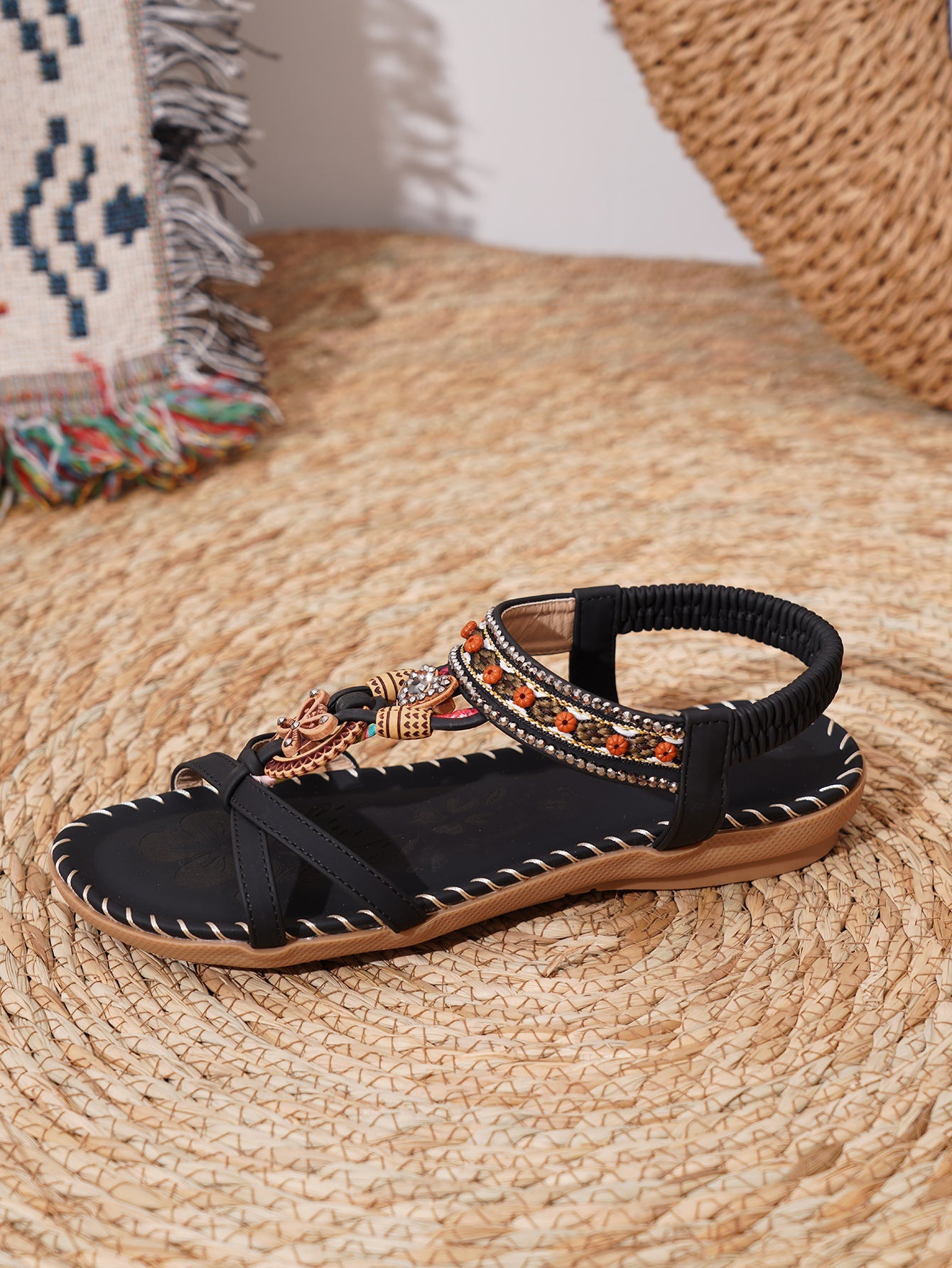 Dam Sandaler – Platta – Boho Flätad Rem – Strassdetaljer – Öppen Tå – Bekväm Passform