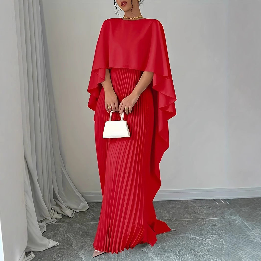 Damklänning Maxi – Veckad Design – Fladderärm – Hög Hals – Lös Passform
