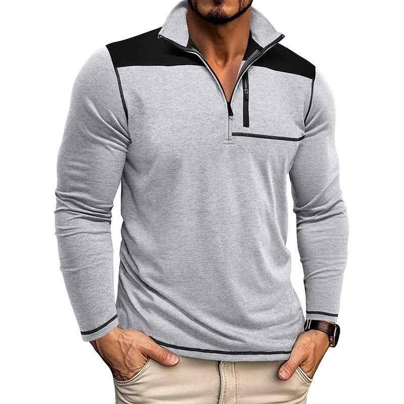 Herrtröja – Slim Fit – Mjukstickad – Halvdragkedja – Kontrastpanel – Lång ärm
