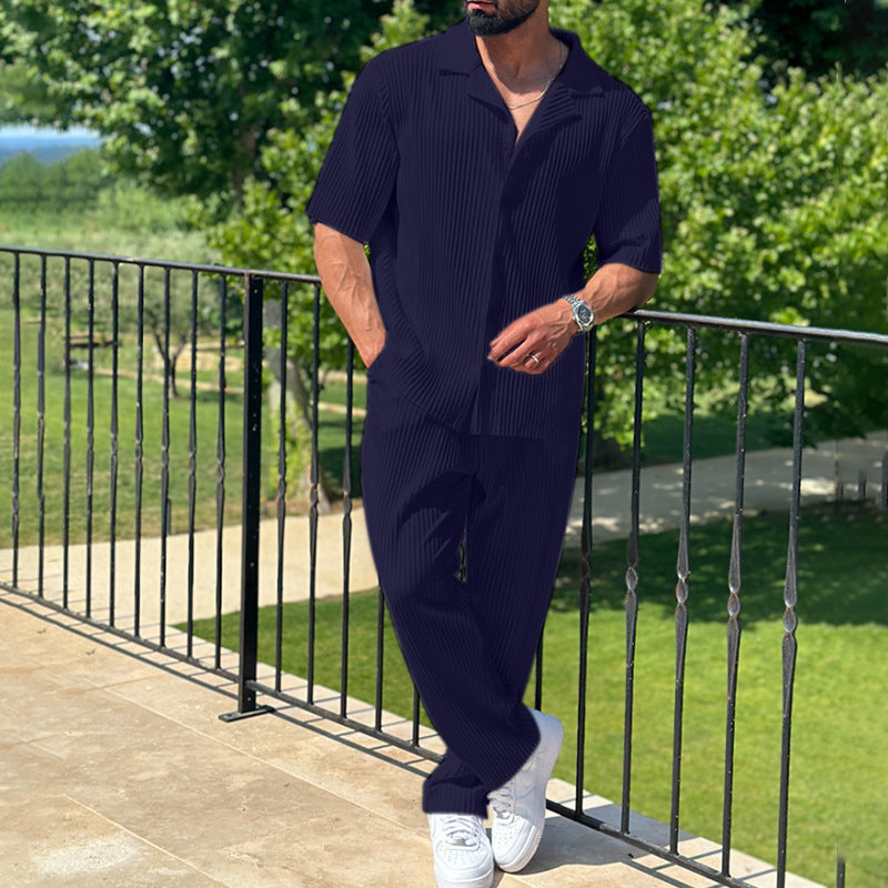 Herr Athleisure Set – Bomullsblandning – Avslappnad Passform – Kortärmad Skjorta & Byxor