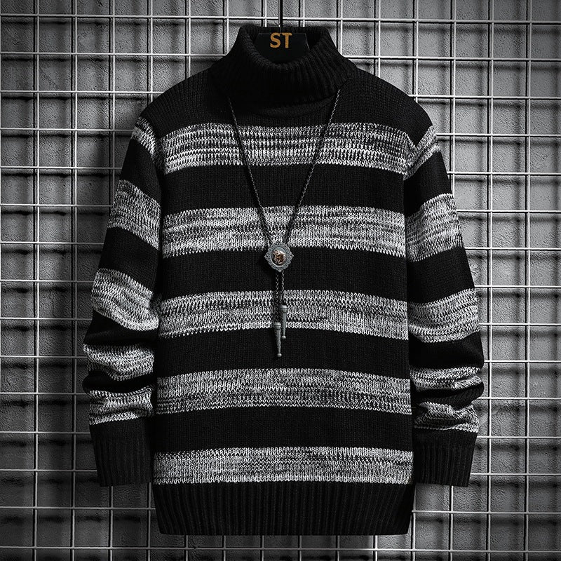 Herr Turtleneck Tröja – Slim Fit – Ullmix – Randigt Mönster – Ribbad Kant
