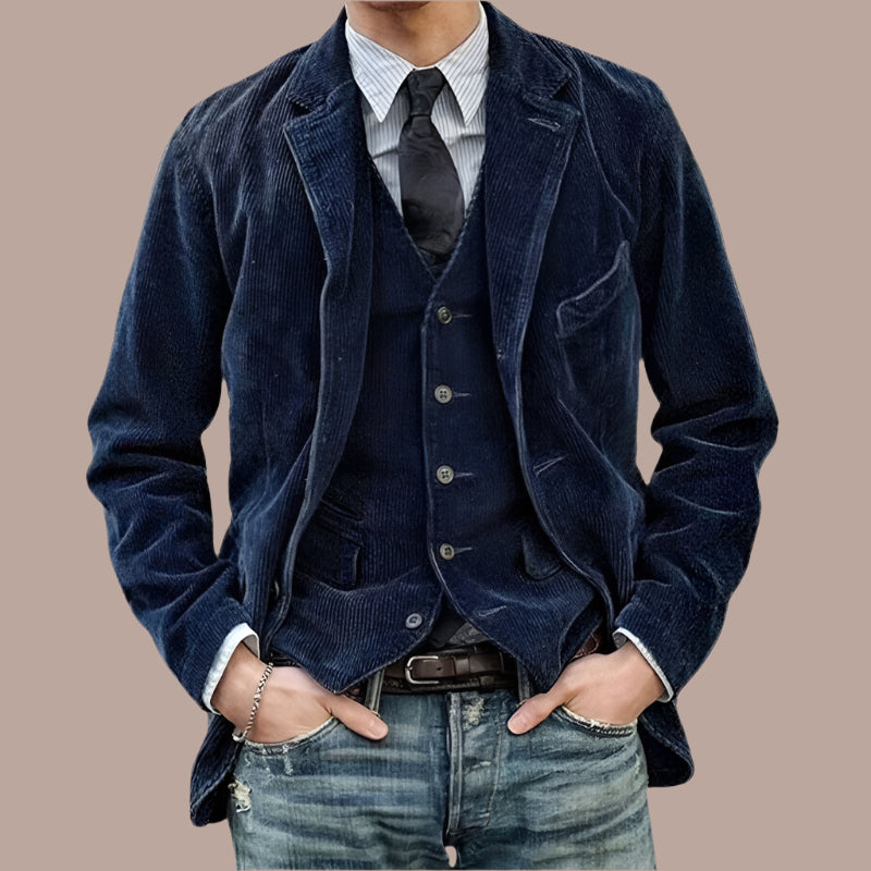 Herrblazer – Skräddarsydd Passform – Mjuk Ribbstruktur – Klassisk Kavajlook