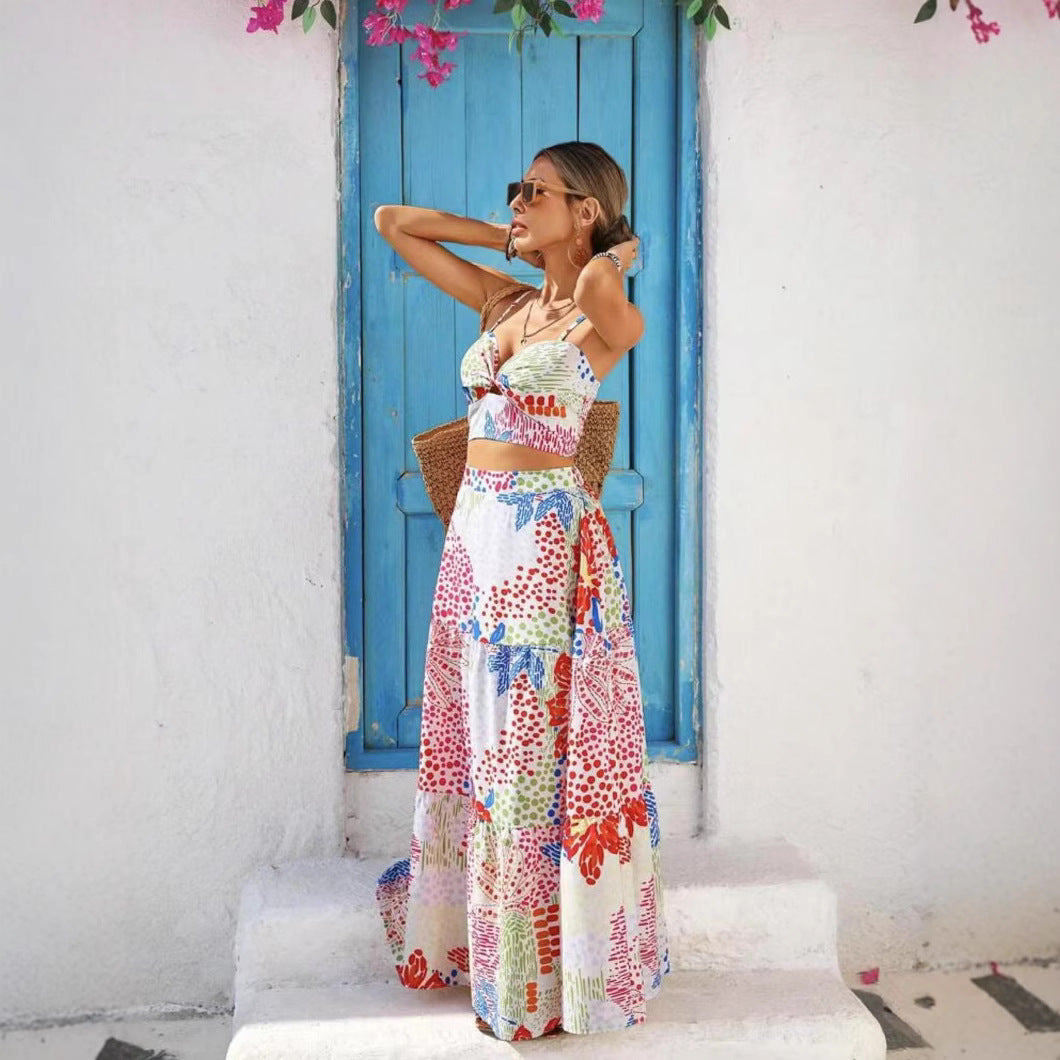 Damset – Ärmlös Crop Top – A-linjekjol i Bomullsblandning – Lätt och Andningsbar