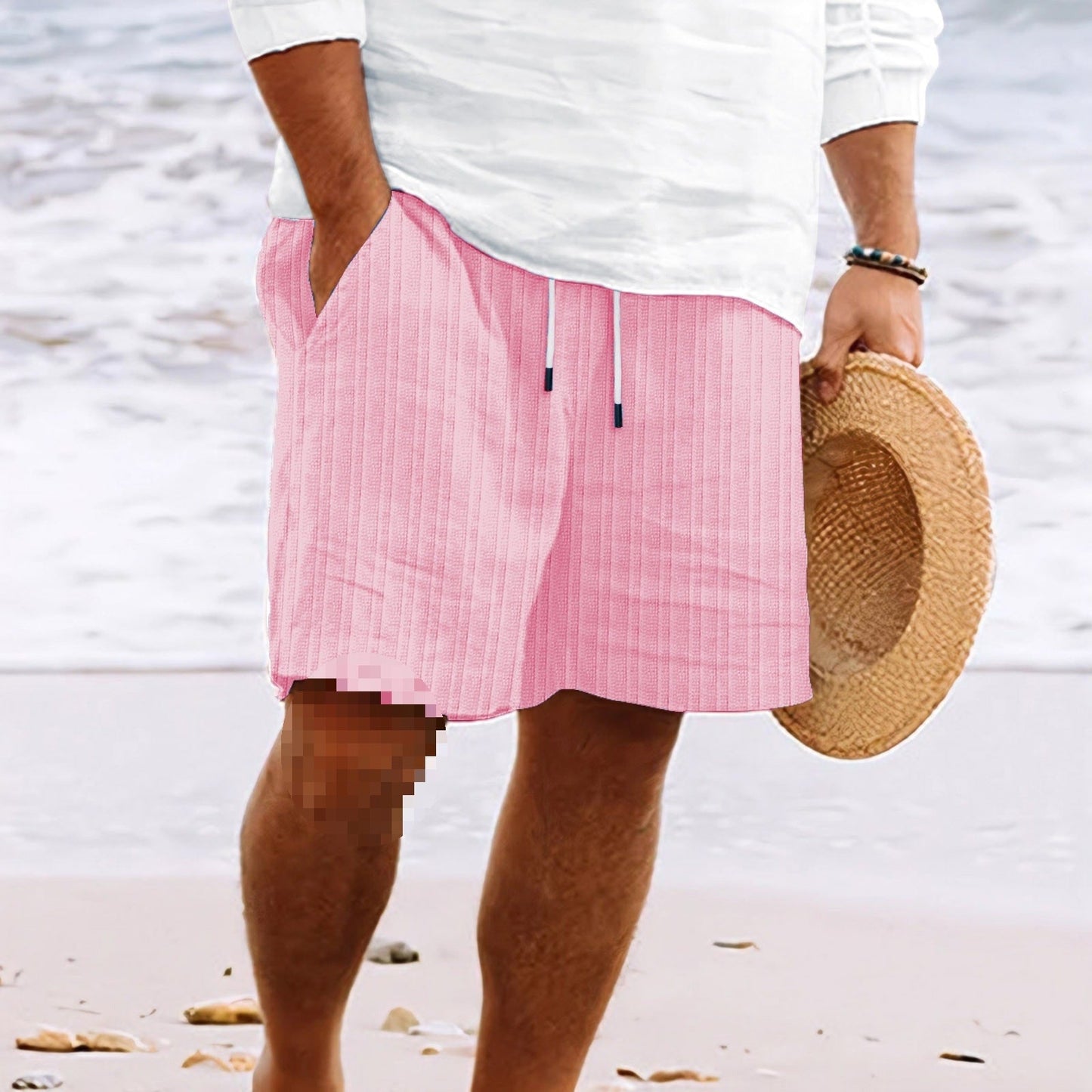 Herrshorts – Bomull Linneblandning – Avslappnad Passform – Dragsko – Flera Fickor