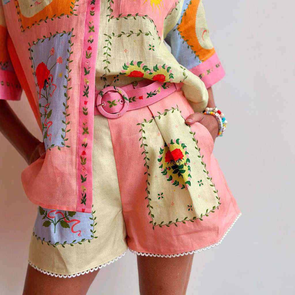 Damset med skjorta och shorts – Linne – Avslappnad passform – Broderad – Hög midja med skärp