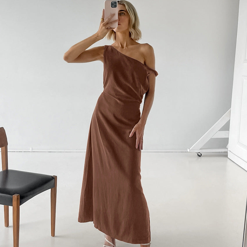Klänning för dam – Enaxlad hel längd – Slim fit – Bomullslin – Asymmetrisk urringning