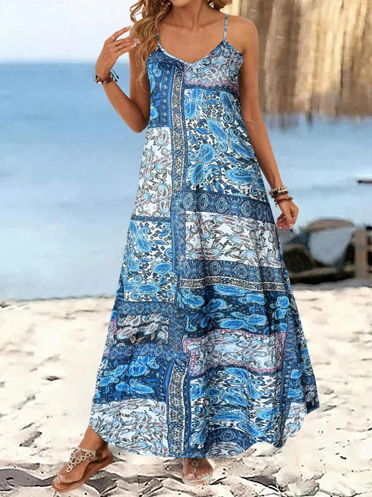 Damklänning maxi – Blommig – Lös passform – Spagettiband – Bomull