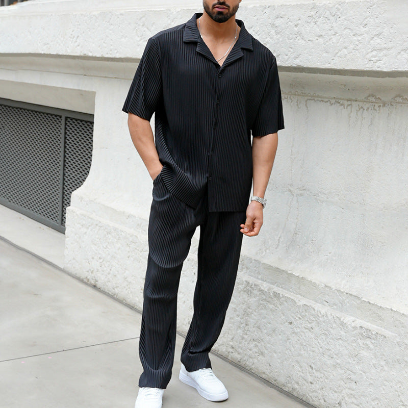 Herr Athleisure Set – Bomullsblandning – Avslappnad Passform – Kortärmad Skjorta & Byxor