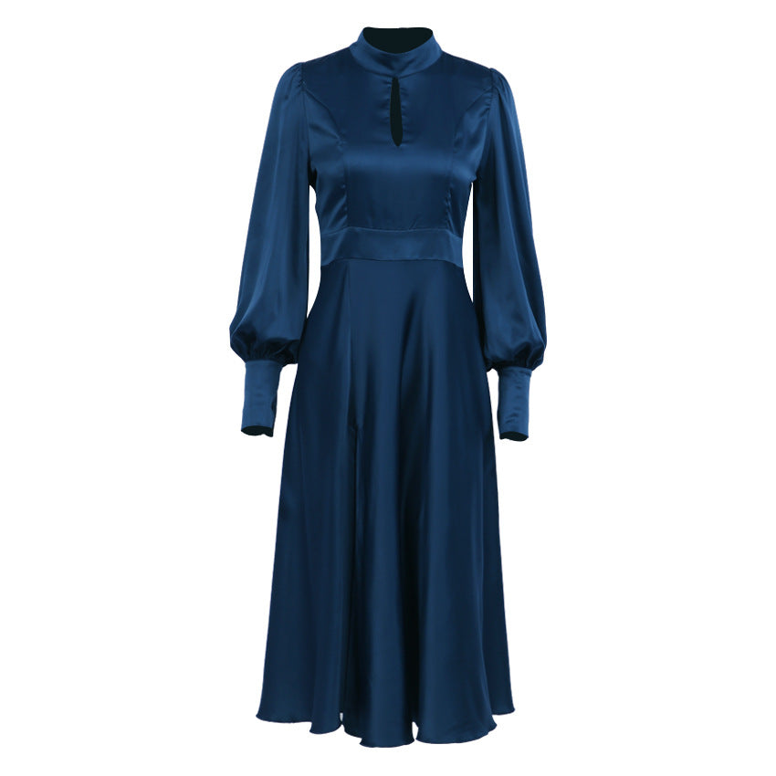 Damklänning – Satin – Hellång – Hög Hals – Puffärm – Elegant Figursydd Passform