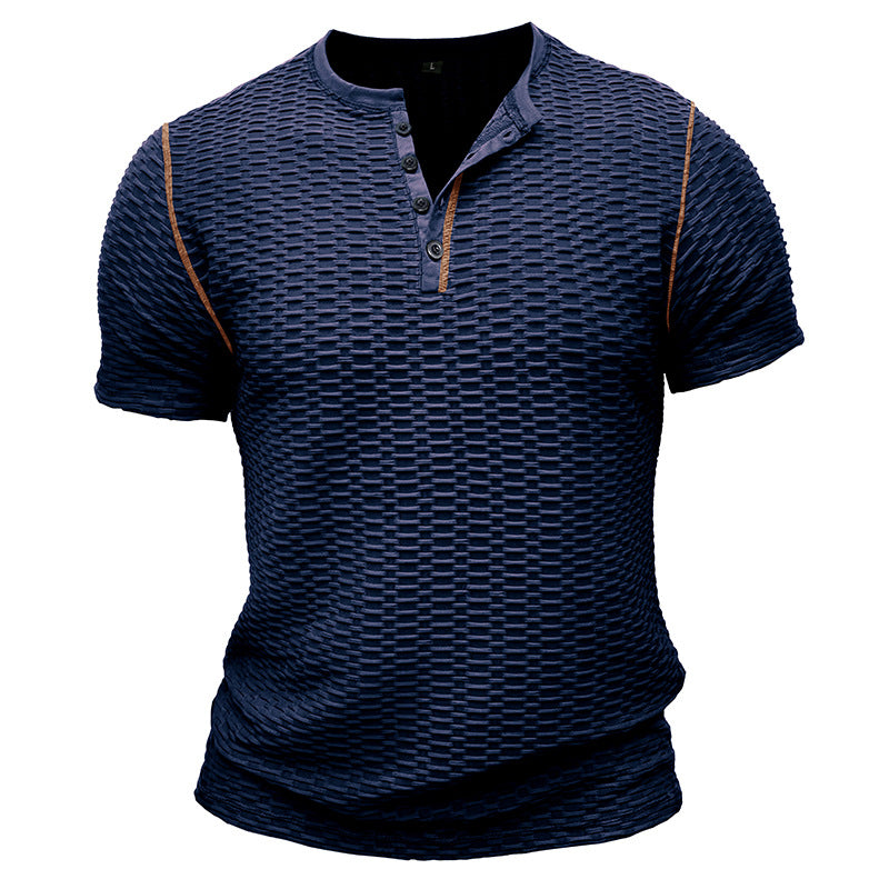 Herr T-shirt Henley – Slim Fit – Texturerad Waffle – Kortärmad Vardagsstil