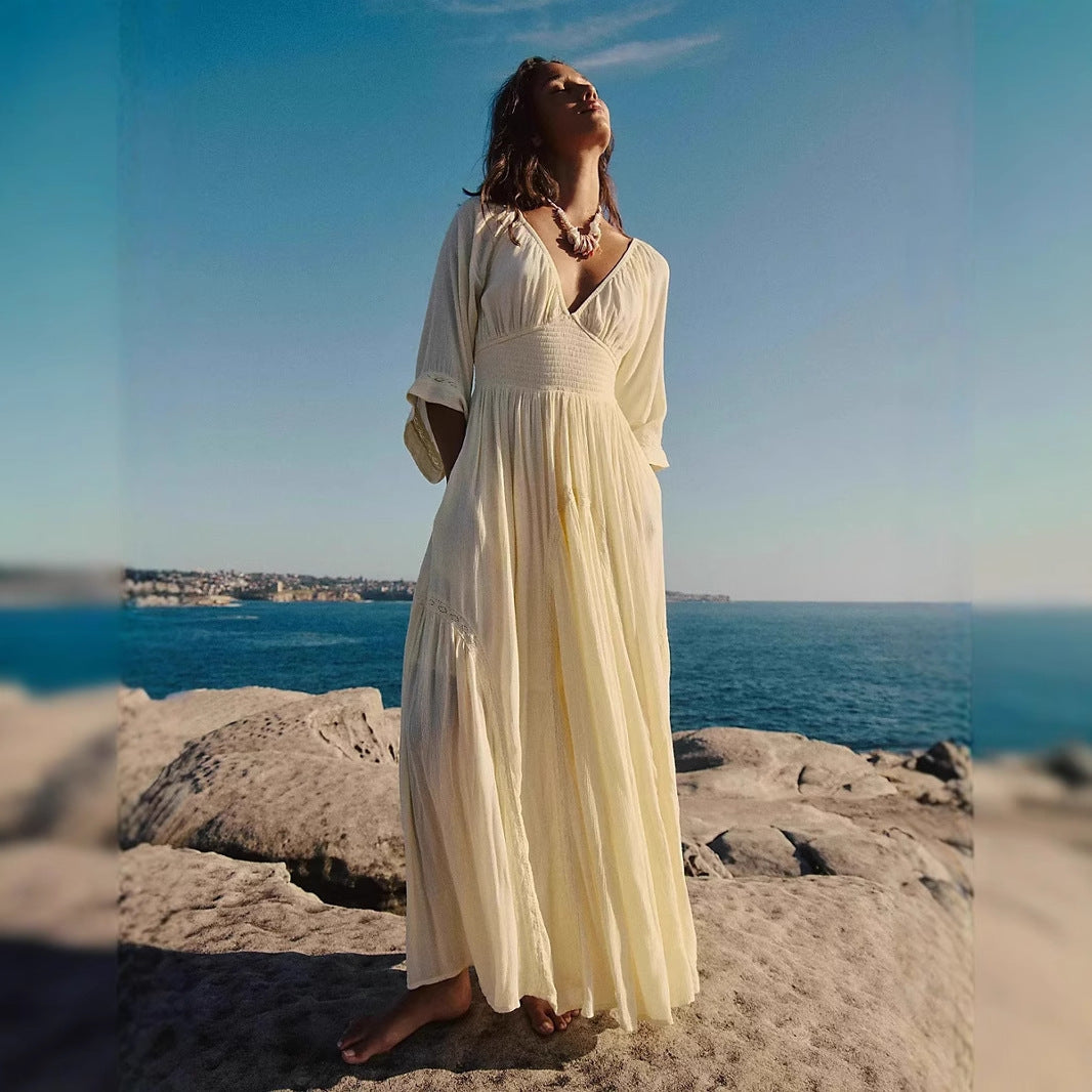 Damklänning maxi – bomullsblandning – avslappnad passform – v-ringning – boho stil