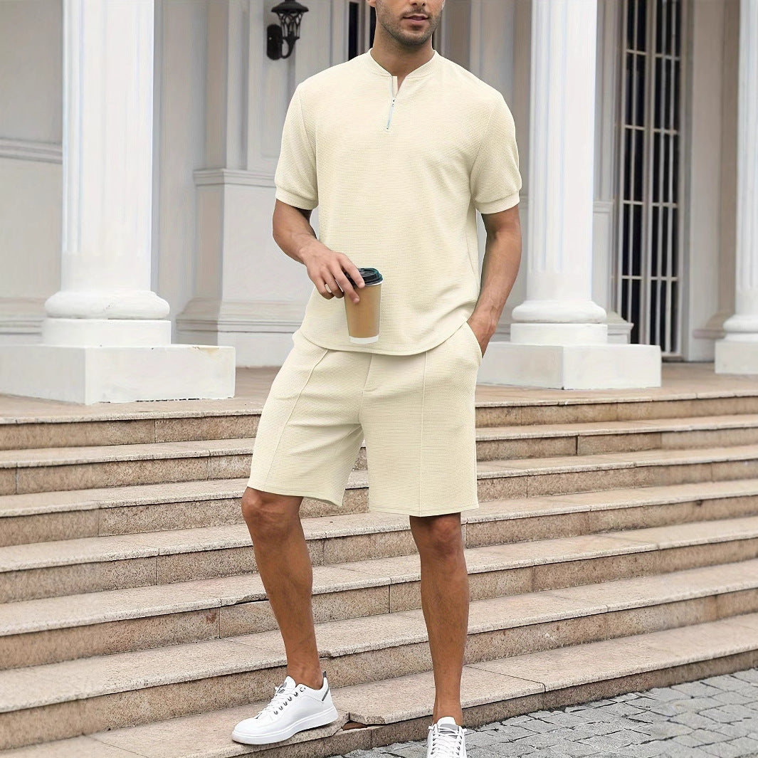 Herrset med zip-tröja och shorts – Avslappnad passform – Lätt och andningsbar waffle-knit