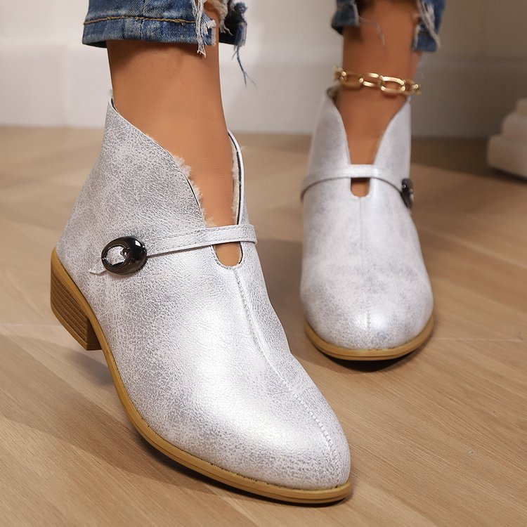 Dam Ankelboots – Pointed Toe – Spänndetalj – Låg Blockklack – Stilren Design