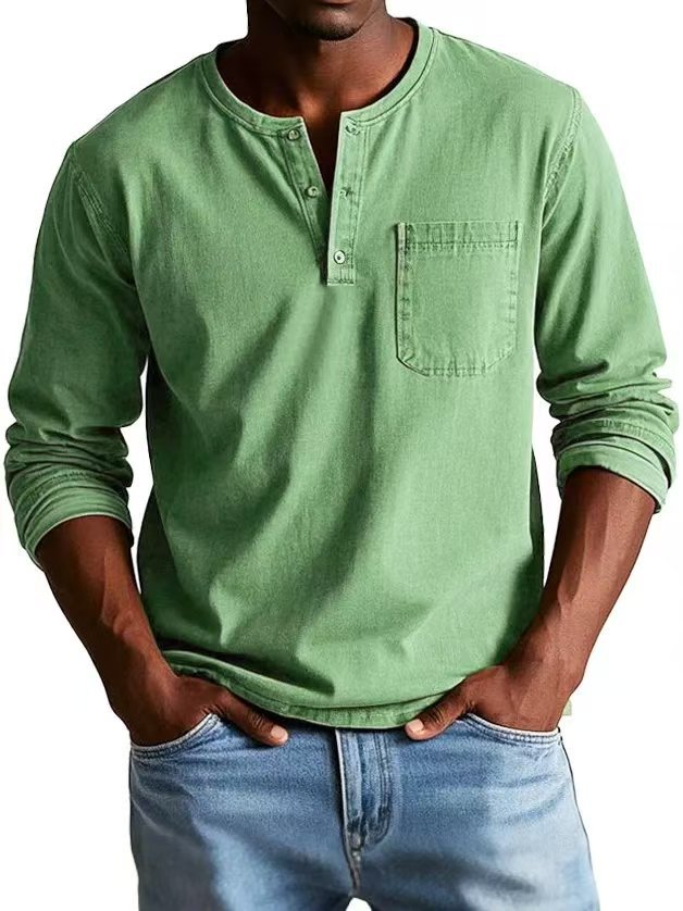 Herr långärmad t-shirt – slim fit – andningsbart tyg – knäppning – bröstficka