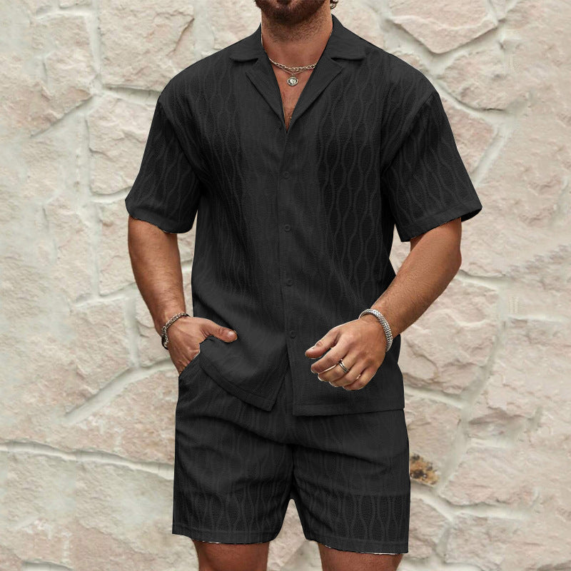 Herrset med skjorta och shorts – Avslappnad passform – Lätt bomull – Texturerad design