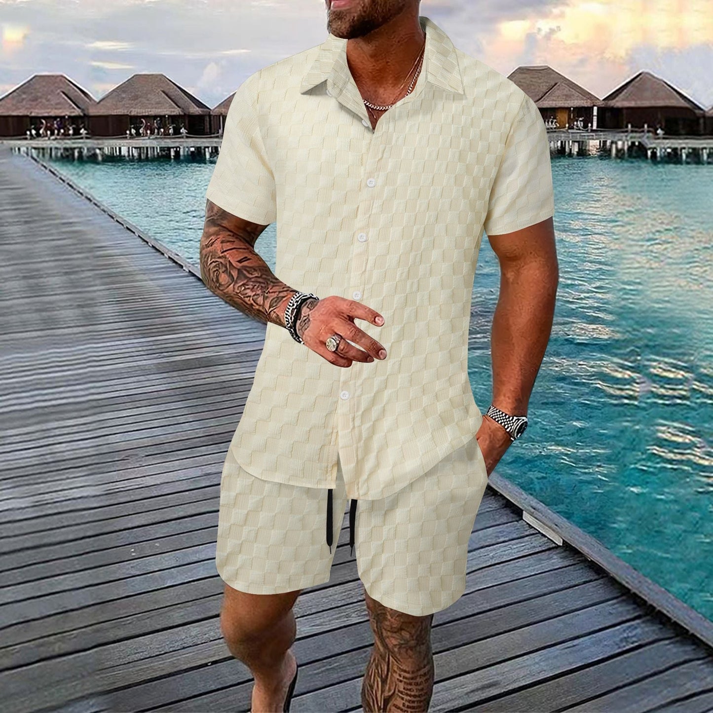 Herr Set med Skjorta och Shorts – Jacquard – Avslappnad Passform – Kortärmad Skjorta