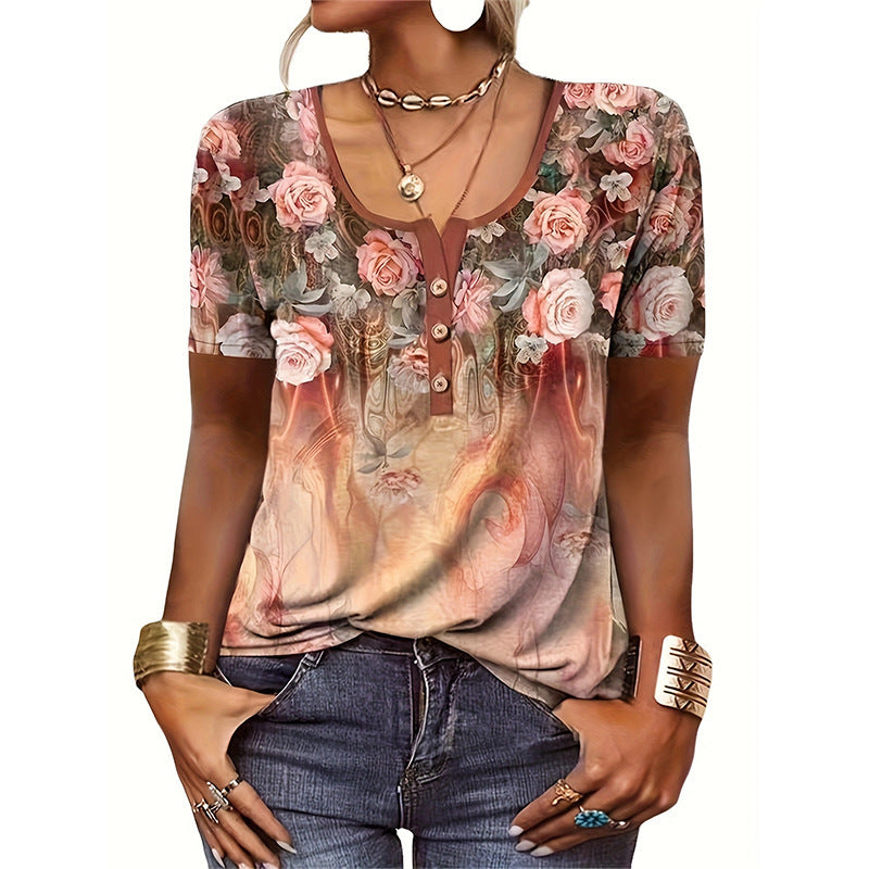 Dam T-shirt – Avslappnad Passform – Bomull – Konstnärligt Blommönster