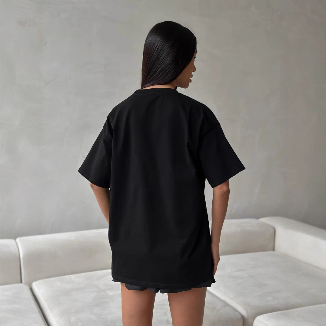 Dam T-shirt – Lös Passform – Bomullsblandning – Leopardmönstrat Läpptryck – Kortärmad