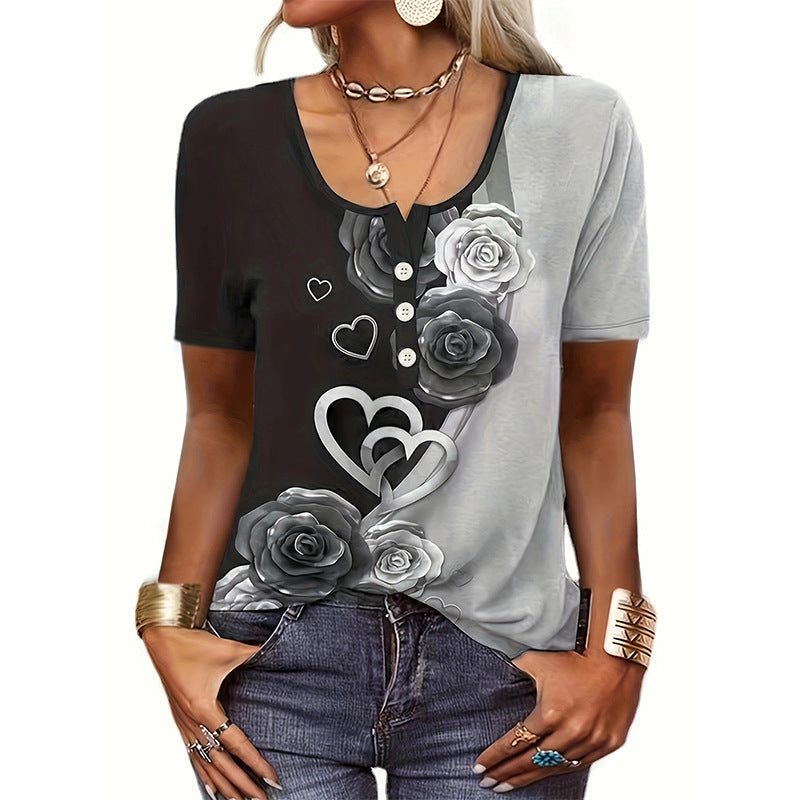 Dam T-shirt – Avslappnad Passform – Bomull – Konstnärligt Blommönster