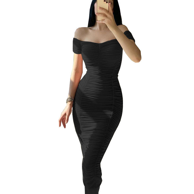 Plisserad bodycon-klänning med bara axlar för kvinnor - Elegant aftonklänning