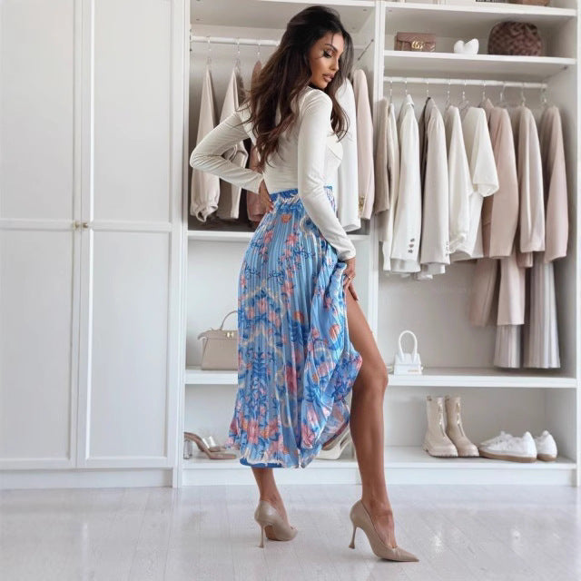 Damkjol – Midilängd – Hög Midja – Plisserad A-linje – Djärvt Mönster – Sidslits