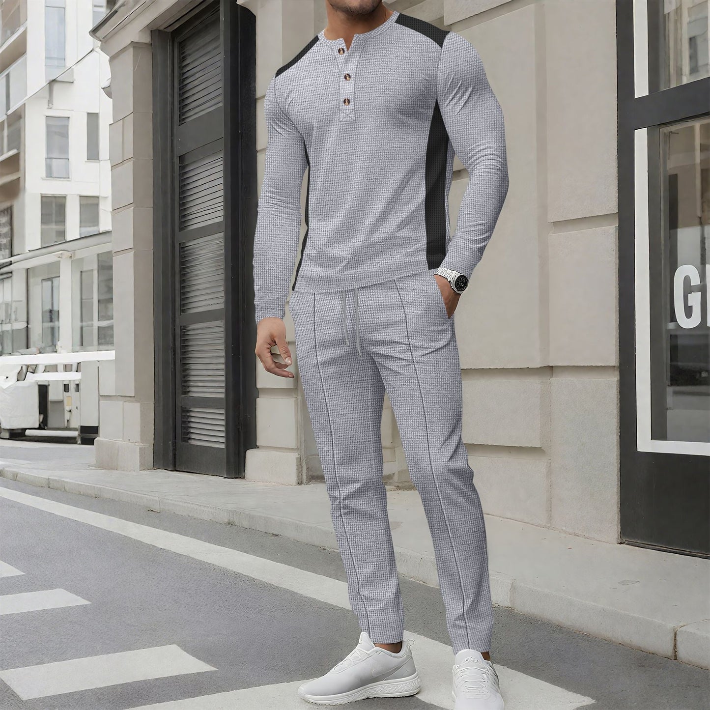 Herr Träningsset – Slim Fit – Långärmad Henley – Avsmalnande Joggerbyxor