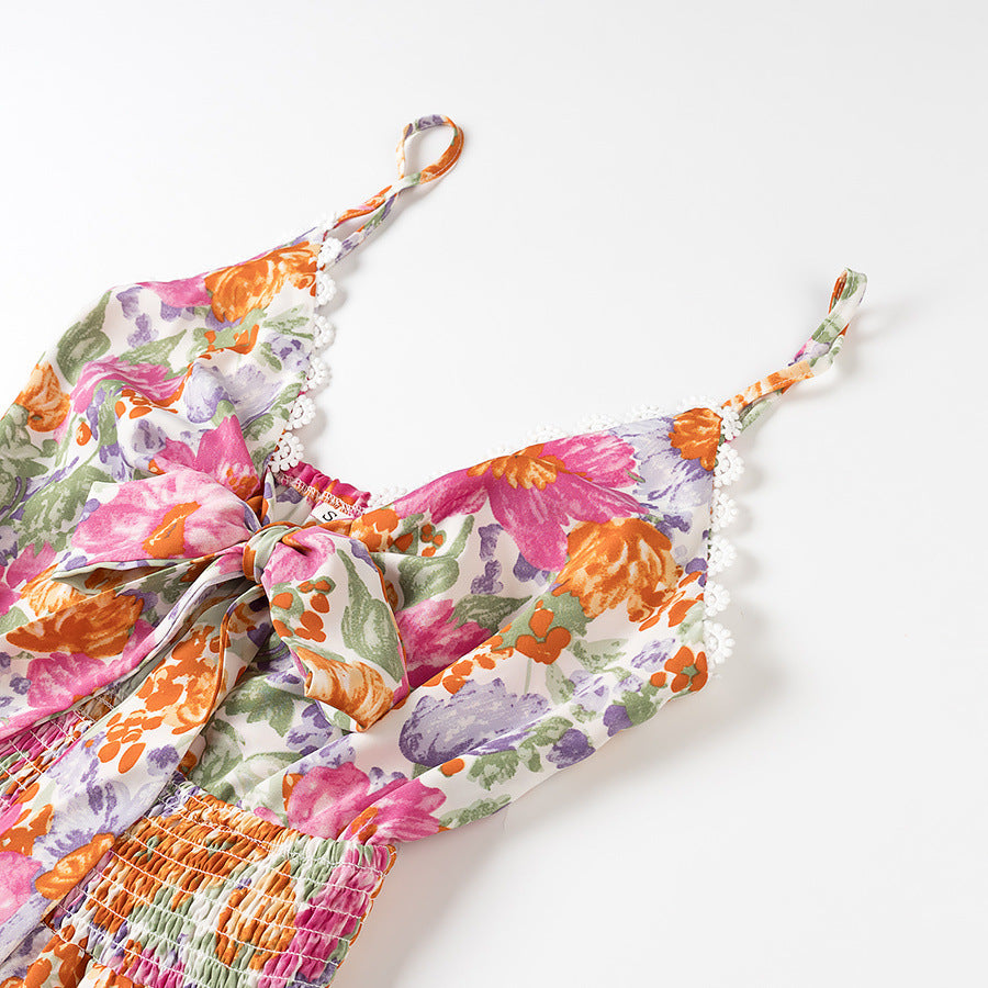 Damklänning – A-linjeformad Miniklänning – Spaghettiband – Blommig – Volangfåll