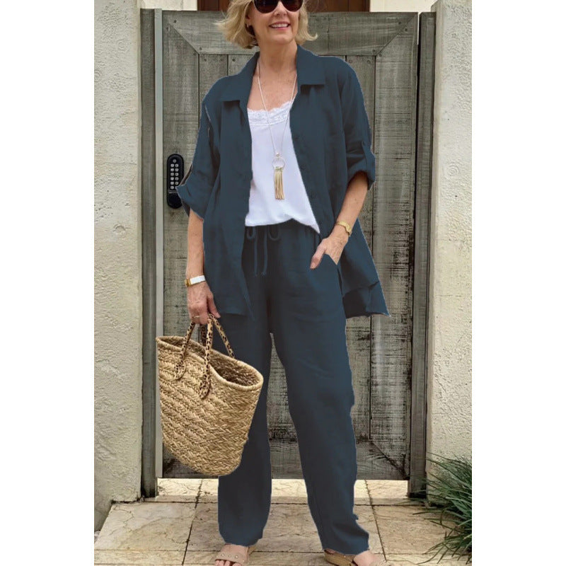 Damsett med skjorta och byxa – Linne – Avslappnad passform – Raka byxor