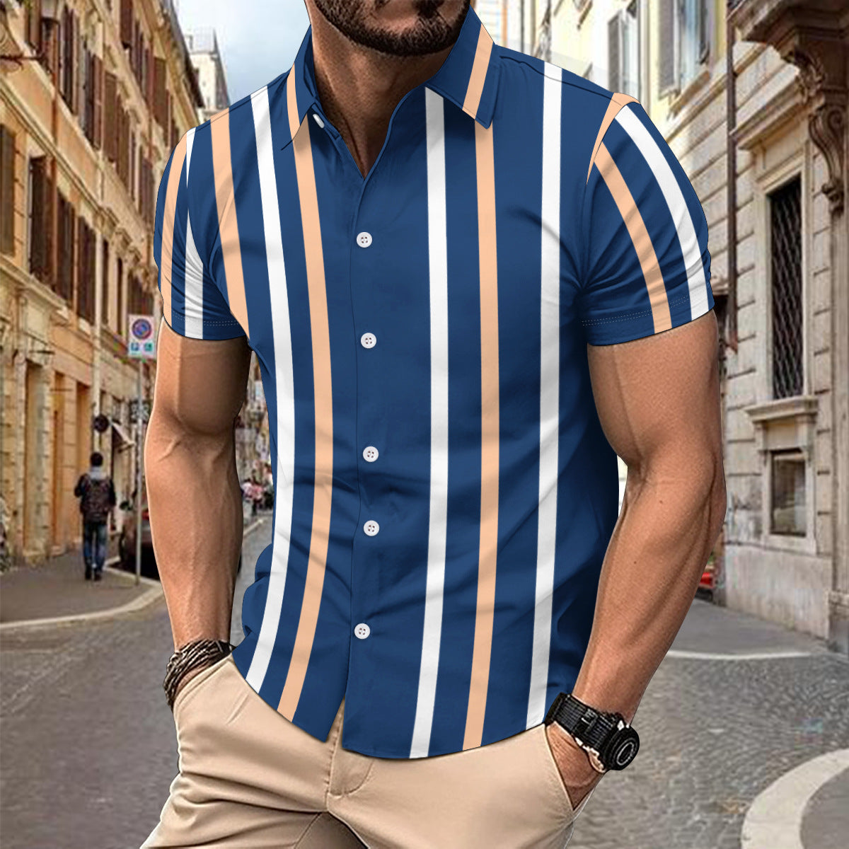 Herrskjorta kort ärm – Slim fit – Bomull – Vertikalt randig – Knappstängning