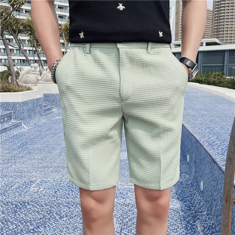 Herrshorts – Slim Fit – Texturerat Vävtyg – Knäppning – Knälångt Snitt