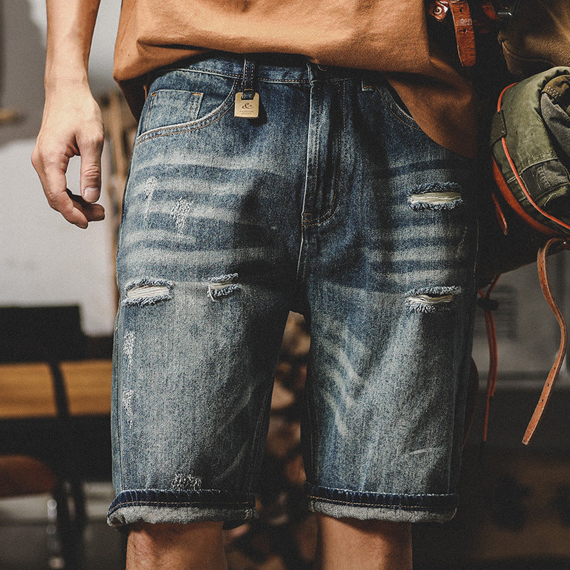 Herrjeans – Avslappnad Passform – Rak Ben – Slitna – Denim i Femficksmodell