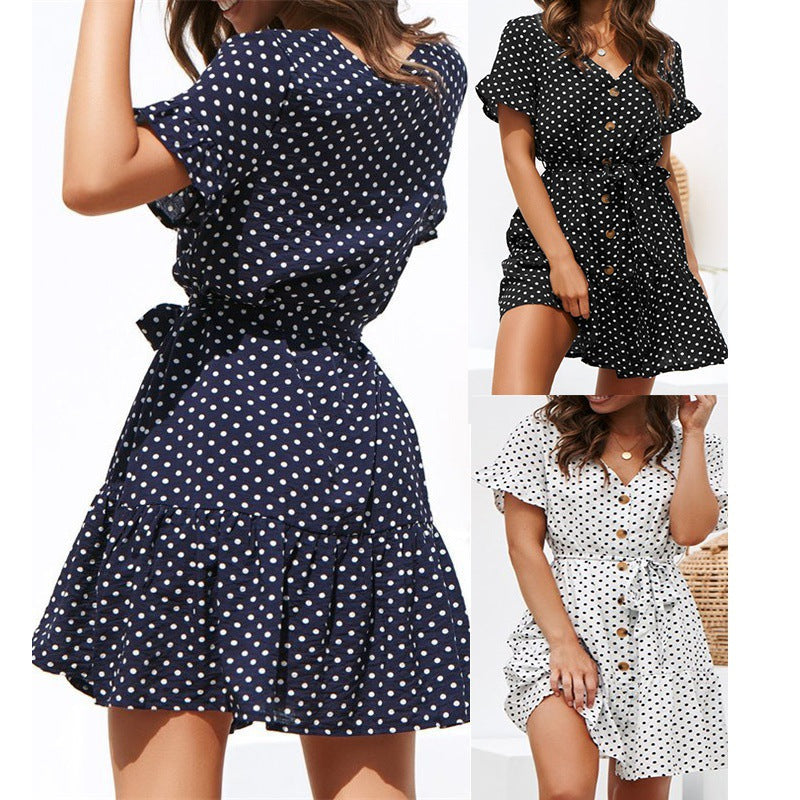 Damklänning – Prickig – Kort ärm – Volangkant – Avslappnad passform – Bomull