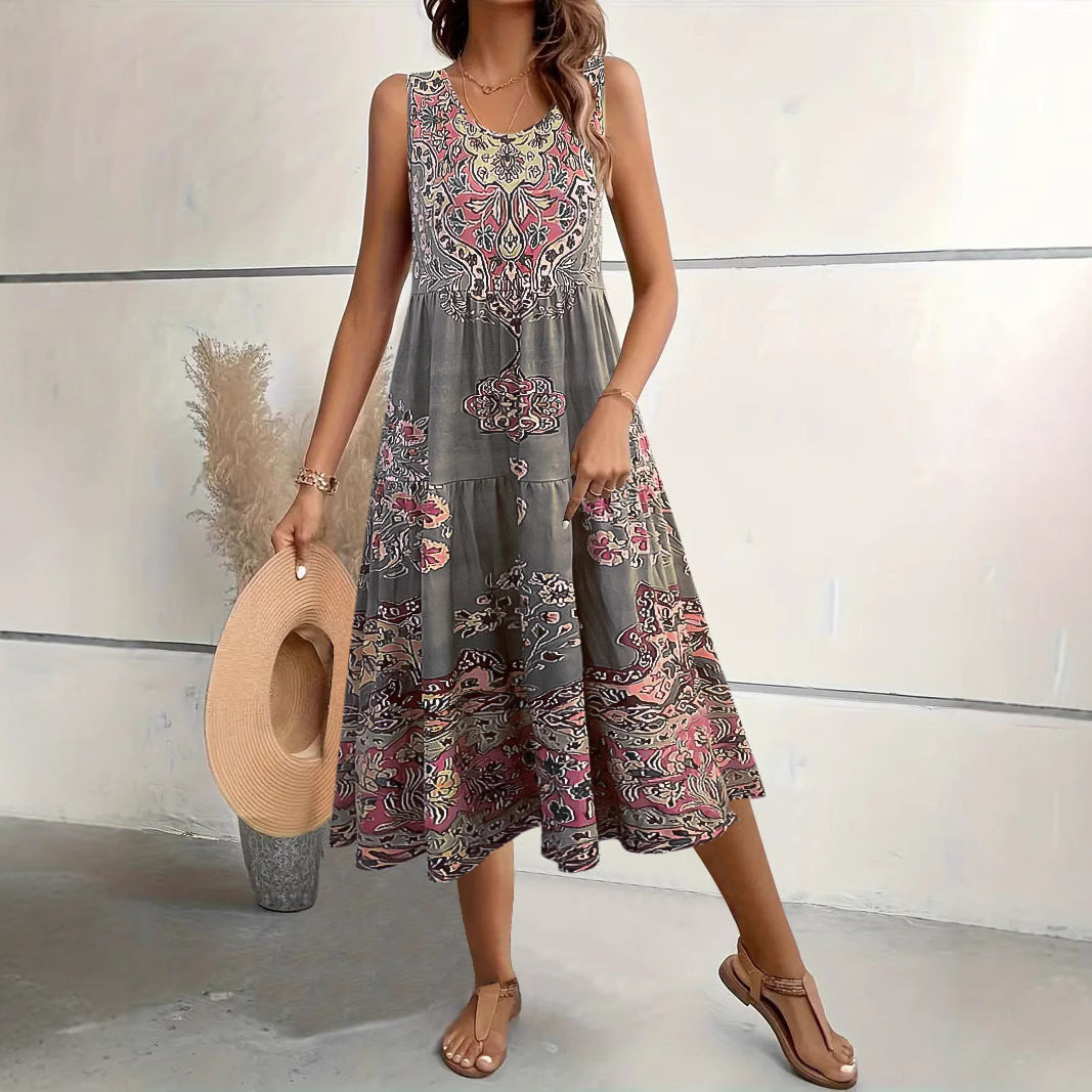 Damklänning midi – A-linjeformad passform – Ärmlös – U-ringning – Blommigt mönster – Bomullsblandning