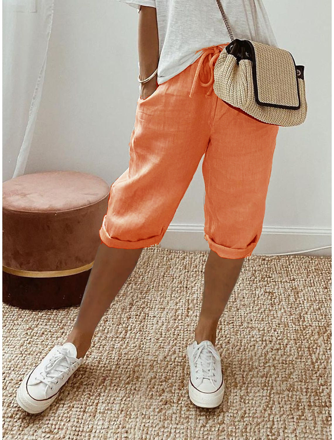Dam Bermuda Shorts - Bomull- Knälång - Avslappnad Passform - Justerbar Dragsko