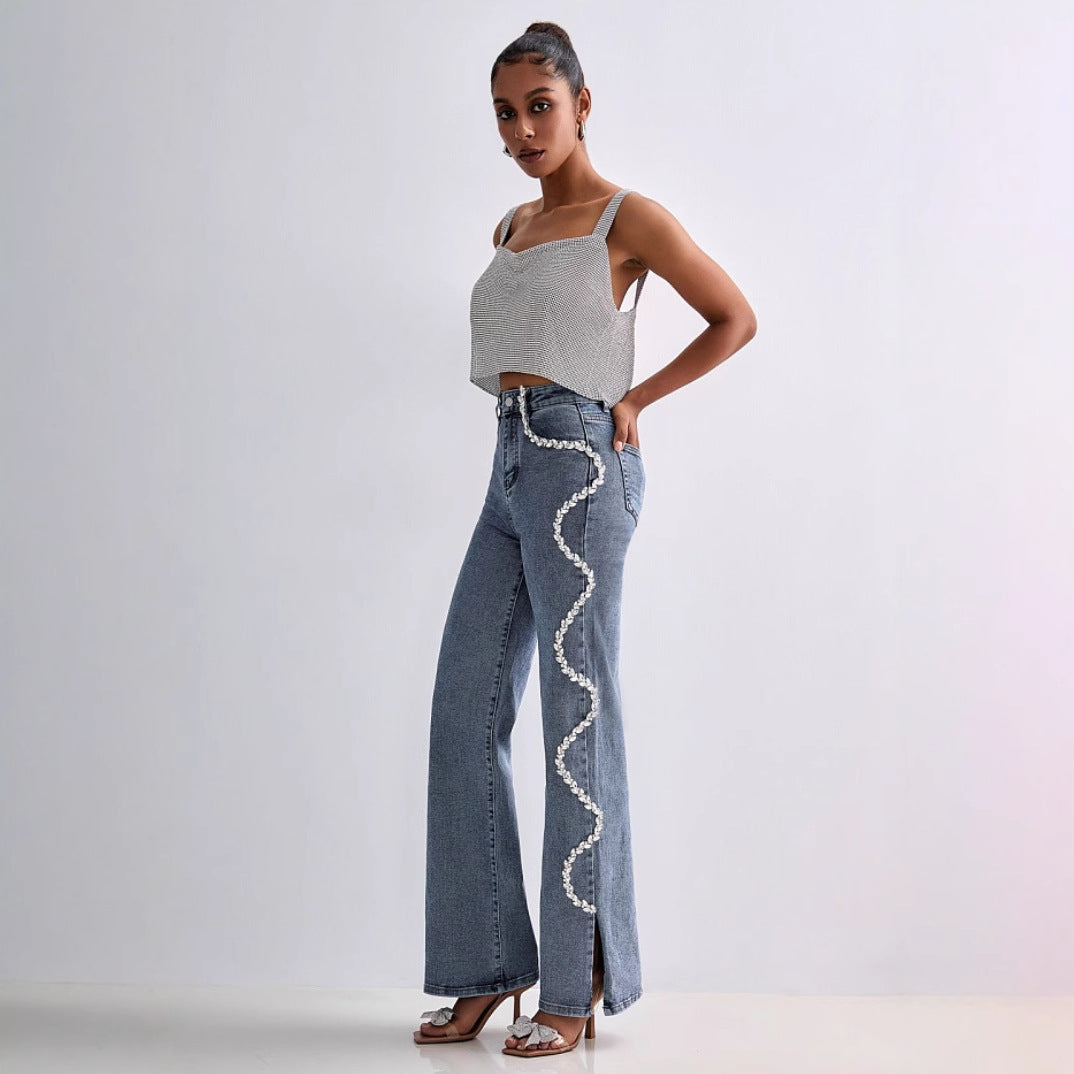 Damjeans med raka ben – Avslappnad passform – Rhinestendetalj – Hög midja – Fullängd