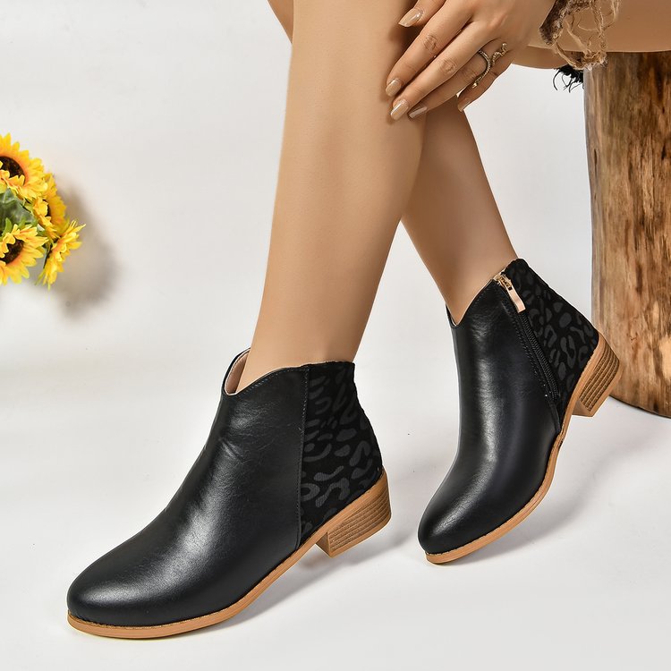 Dam Ankelboots – Snäv Passform – Chunky Klack – Leopardpanel – Dragkedja