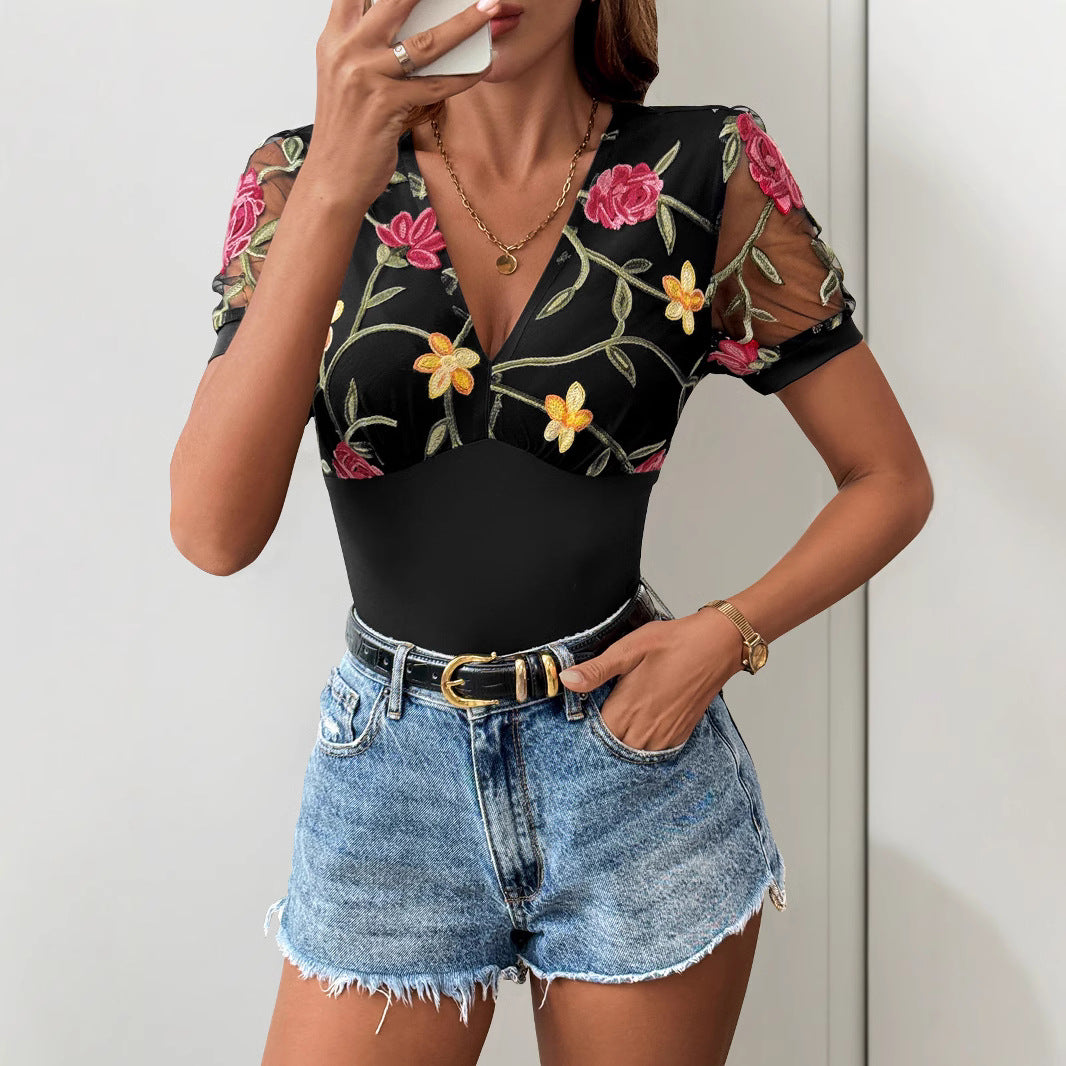 Dam Bodysuit – Slim Fit – V-ringning – Broderade Meshärmar – Stretchmaterial