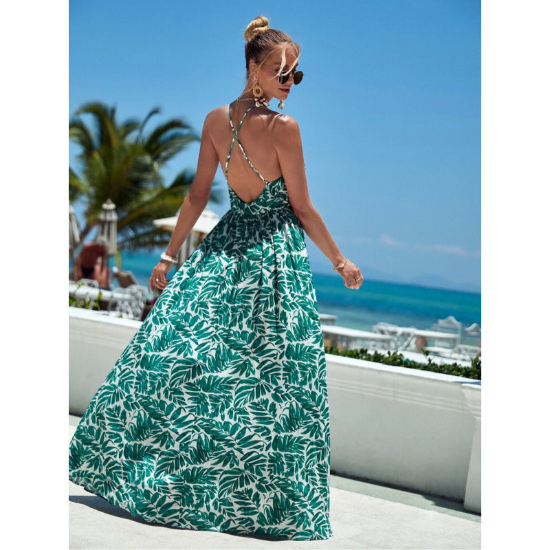 Damklänning Maxi – Djup V-ringning – Halterneck – Flödande Siluett – Bomull