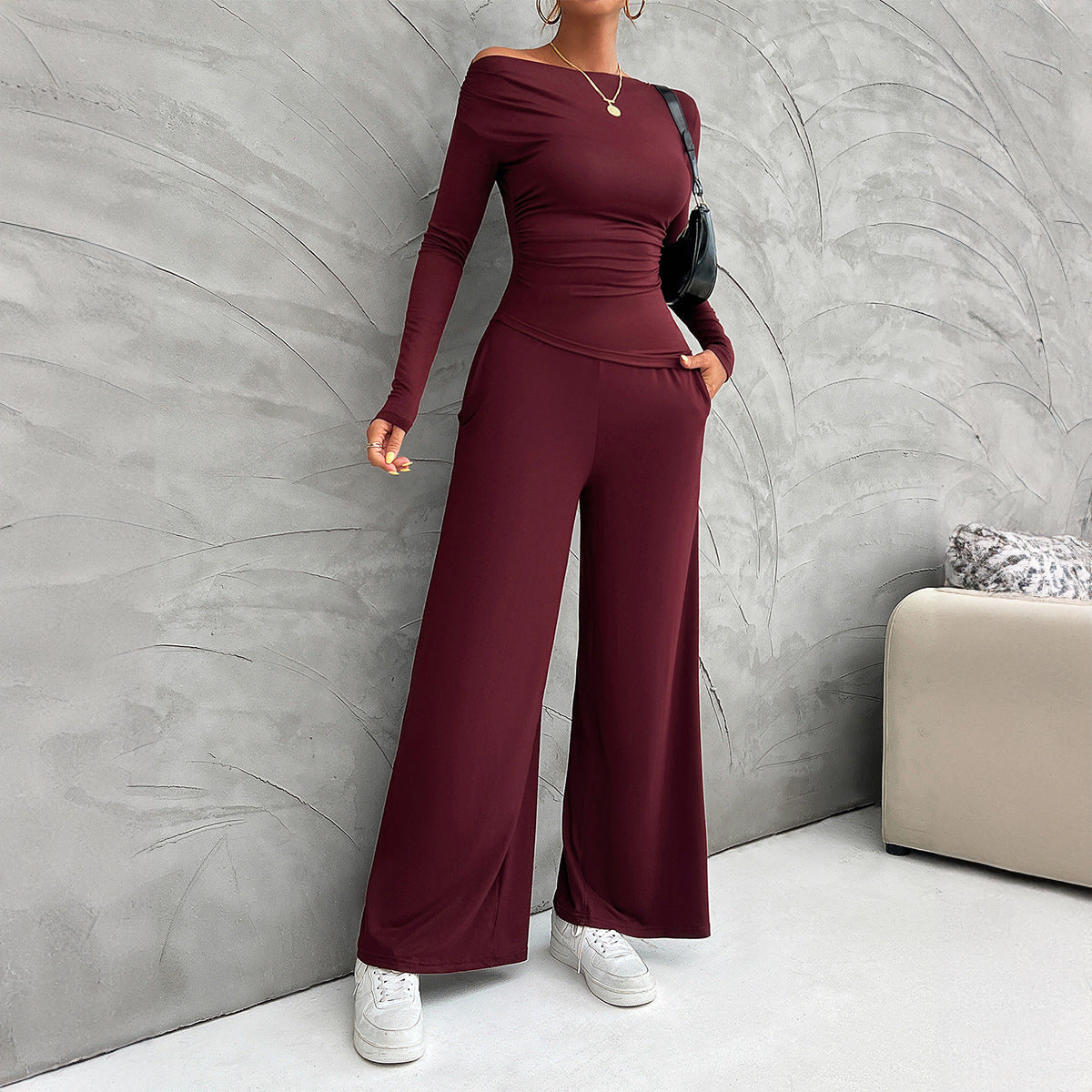 Dam Set – Slim Fit Långärmad Topp – Hög Midja Vida Byxor – Stretchig Bekväm Passform
