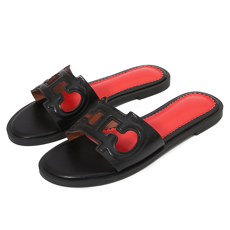 Dam Sandaler – Platt Sula – Öppen Tå – Utskuren Rem – Slip-On Vardagsstil