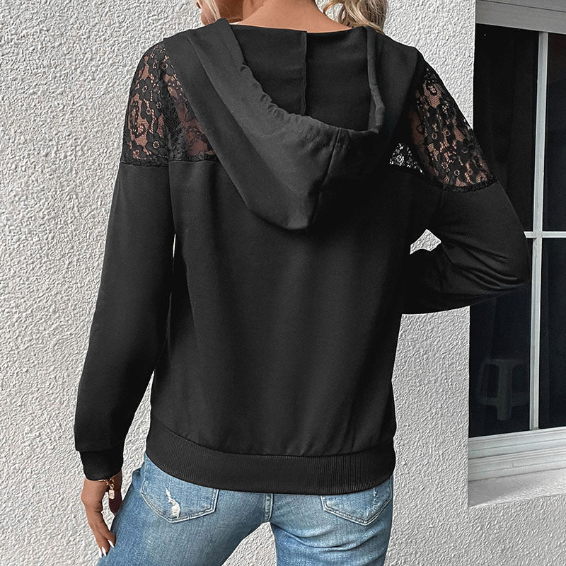 Dam Hoodie – Avslappnad Passform – Stickad Känsla – Spetsinslag – V-ringning