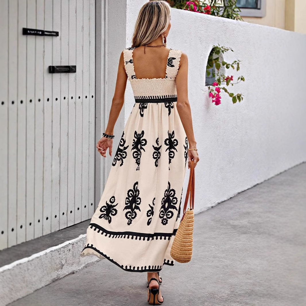Damklänning maxi – Bohemiskt mönster – Lätt bomull – Smockliv – Volangband