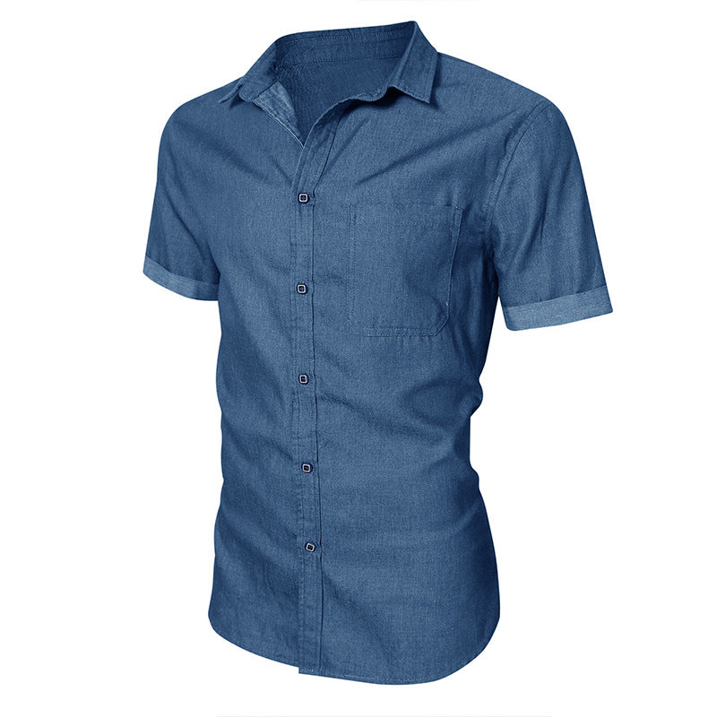 Herrskjorta kortärmad – Slim Fit – Bomull – Bröstficka – Knappstängning