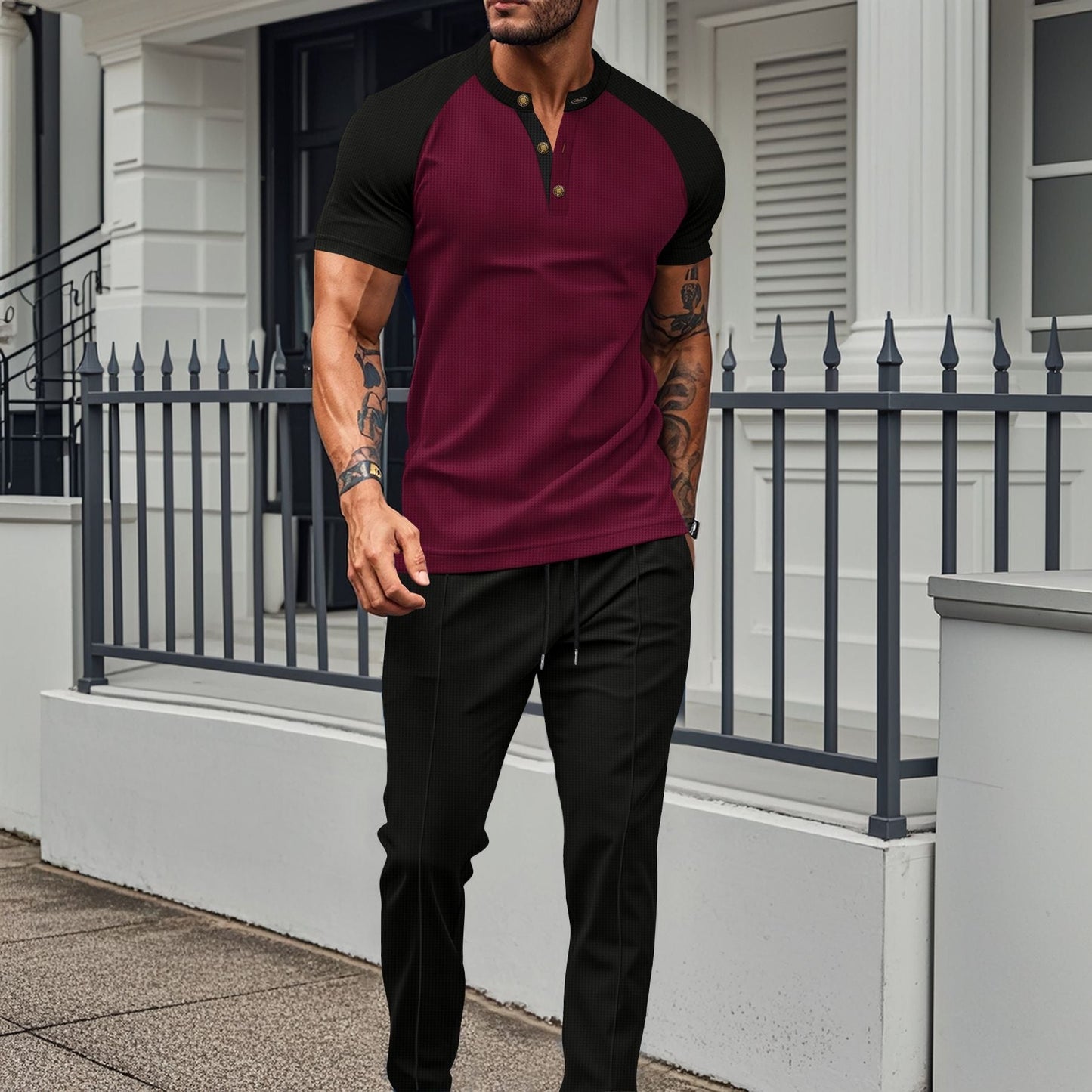 Herrset med T-shirt och Byxor – Slim Fit – Byxor med raka ben – Knapplist – Raglanärmar