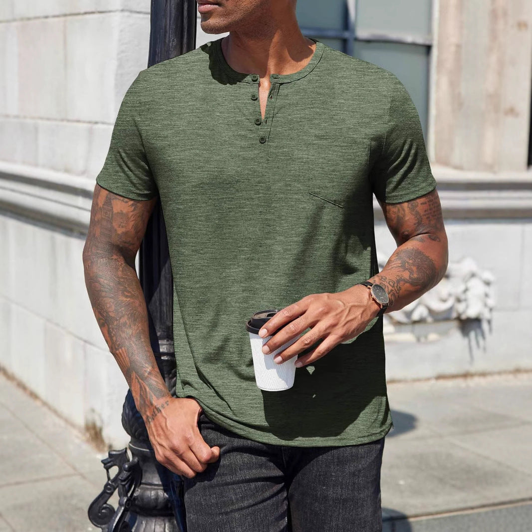Herr T-shirt – Slim Fit – Mjuk Bomullsblandning – Kort Ärm – Henleykrage – Ficka