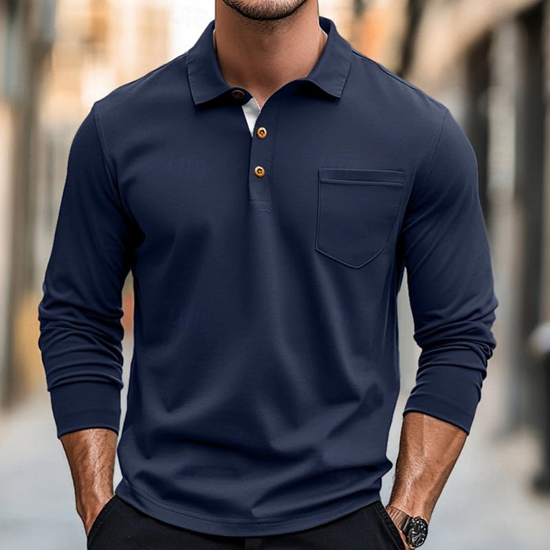 Herrpikétröja med lång ärm – Slim Fit – Bomull – Bröstficka – Knappslå