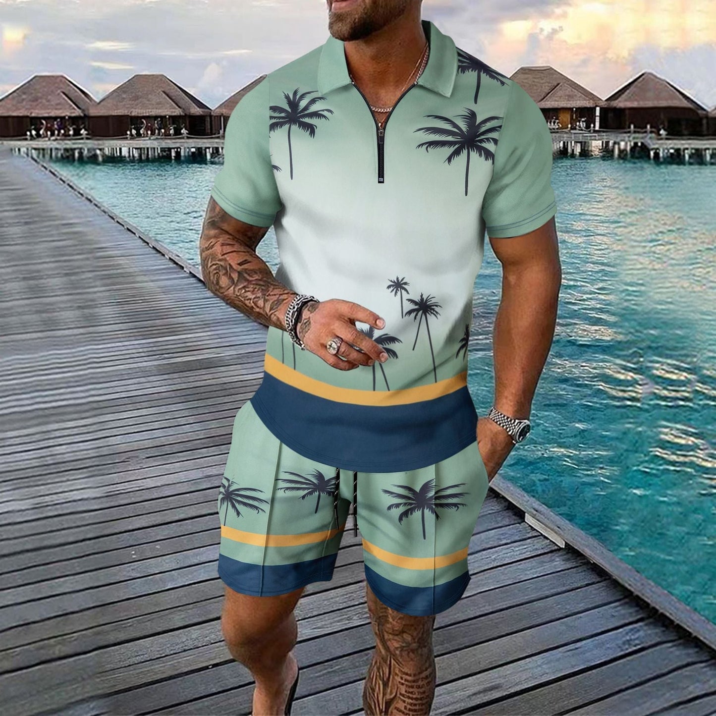 Herrset med skjorta och shorts – Slim Fit – Bomullsblandning – Tropiskt mönster – Dragkedja i halsen