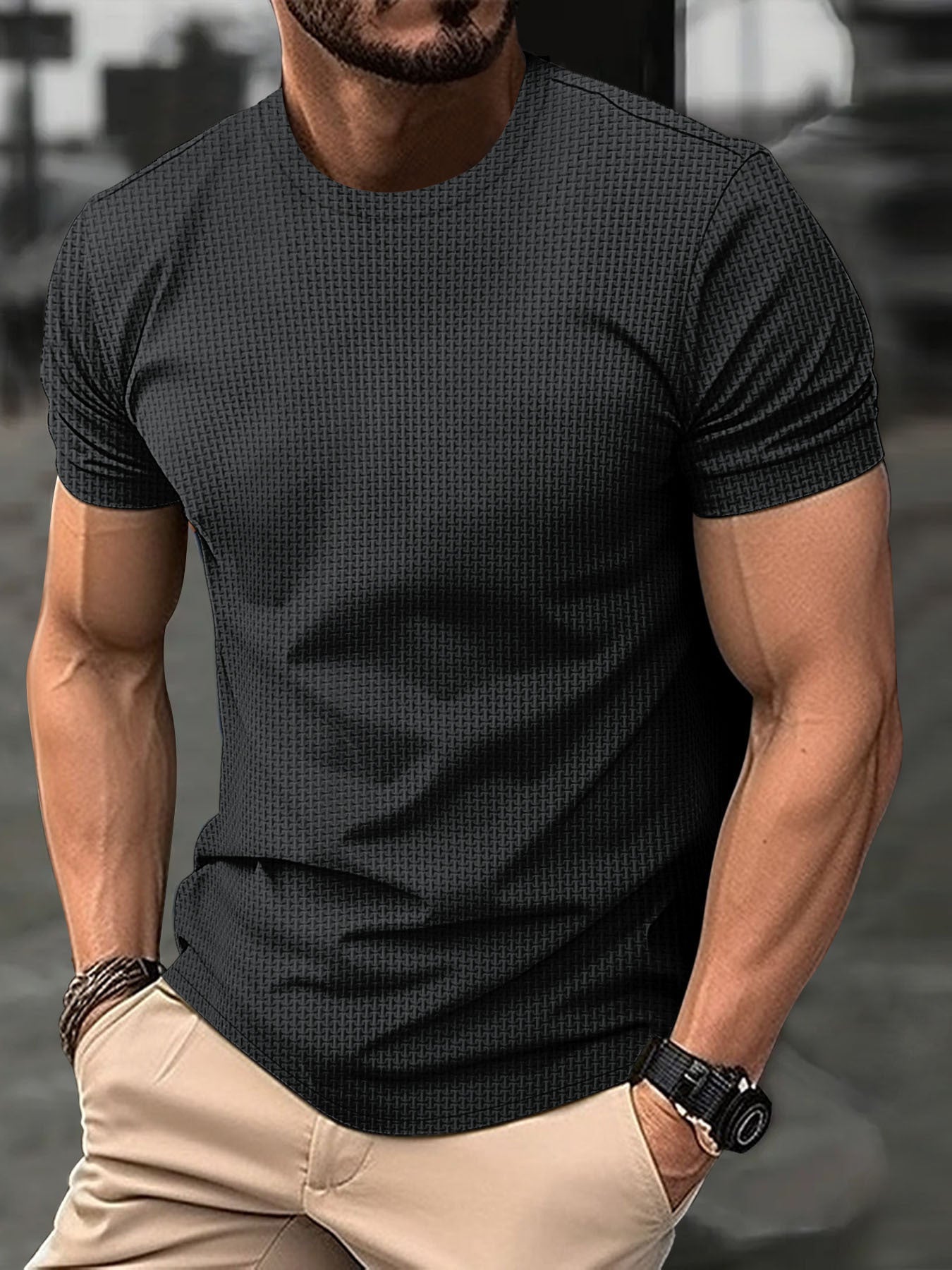 Herr T-shirt – Slim Fit – Andningsbar Jacquard – Kort Ärm Vardagsstil