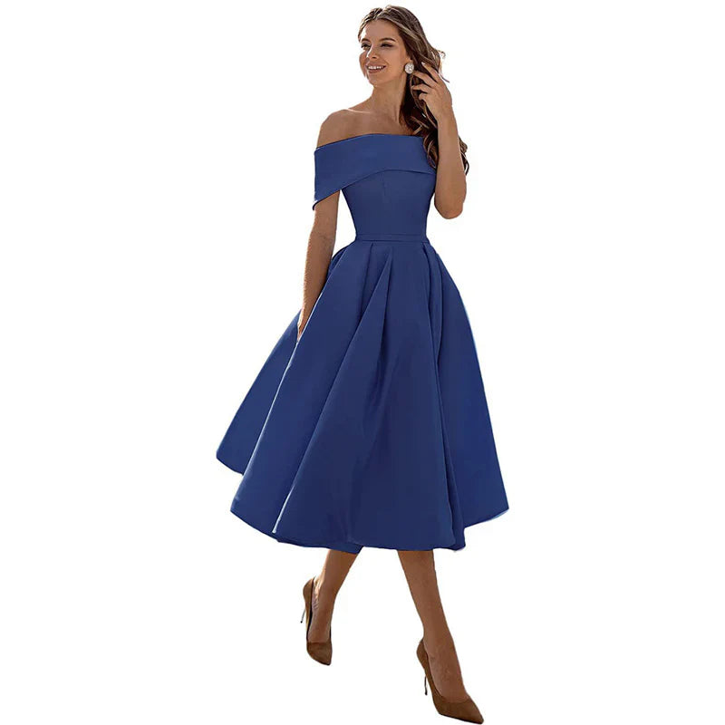 Damklänning – Off-Shoulder – Figurnära Liv – Utställd Kjol – Tealängd Elegant Stil