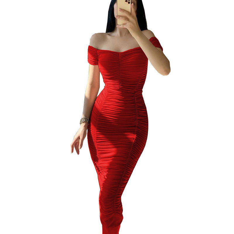 Plisserad bodycon-klänning med bara axlar för kvinnor - Elegant aftonklänning